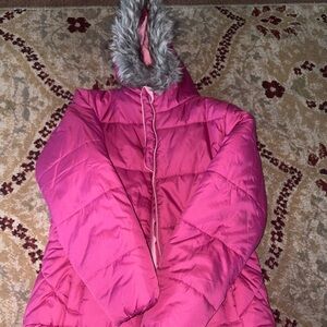 Pink and Grey Hooded Jacket with Faux Fur Trim